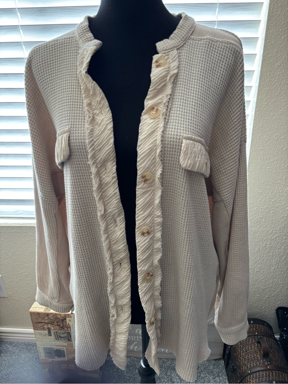 Cream Ruffle-Trim Button Up Top or Cardigan
